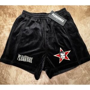 Pleasures Shorts Mens Small Black Velour Relaxed Embroidered Party Animal